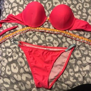 Stylish swimwear neon pink strapless bikini